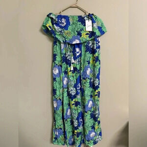 Japna Flutter Top SLEEVELESS Blue Green Floral Maxi Dress Size XS NWT New Slit